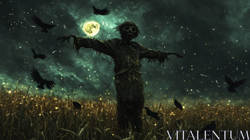 AI ART Moonlit Scarecrow Field with Dark Crows