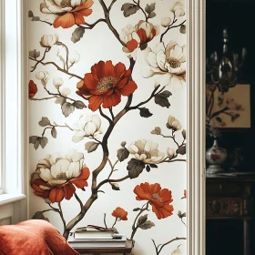 Vintage Floral Wallpaper with Red and White Flowers