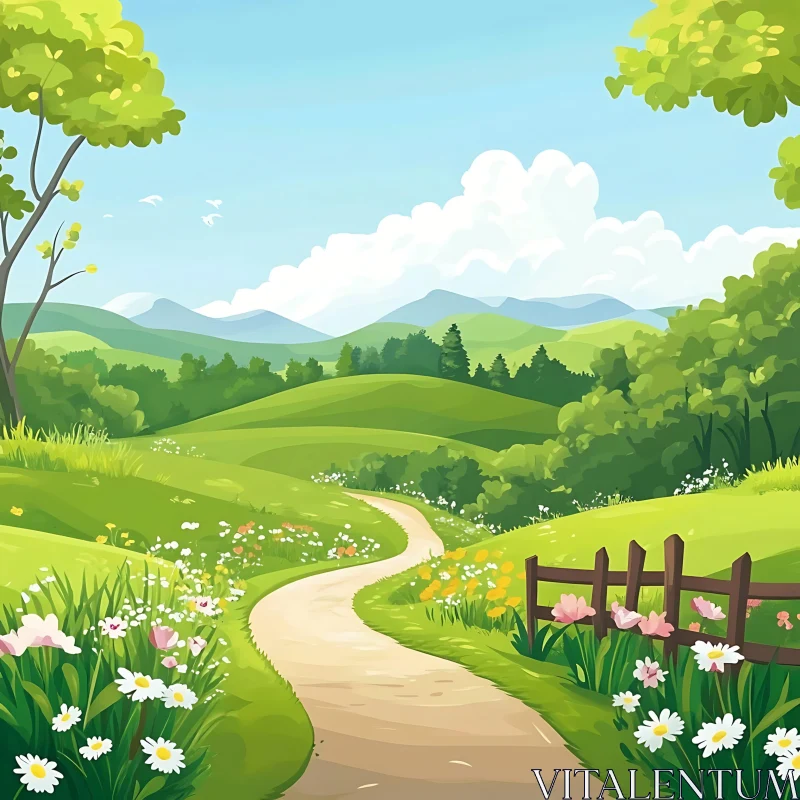 Lush Green Landscape with Winding Path AI Image