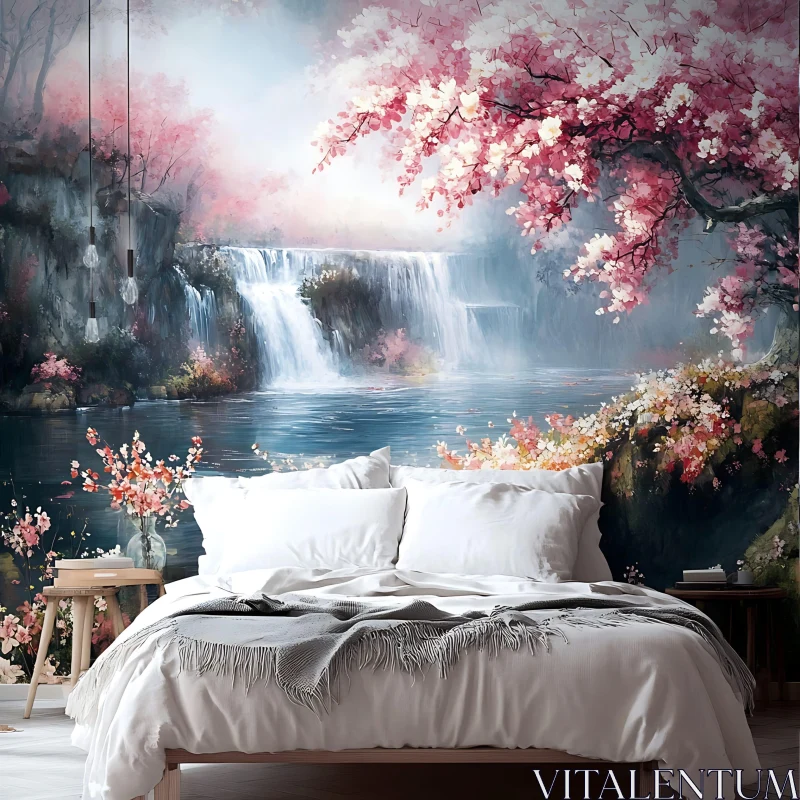 AI ART Scenic Bedroom with Waterfall View