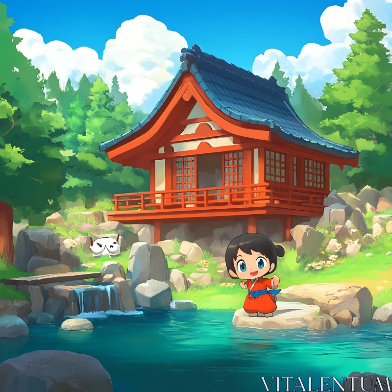 Cartoon Landscape with Anime Character AI Image