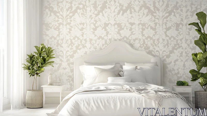 AI ART Neutral Bedroom with Floral Wallpaper