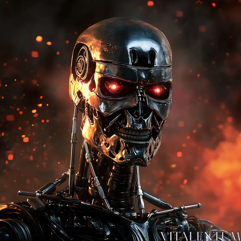 Metallic Cyborg with Red Eyes Amidst Flames AI Image