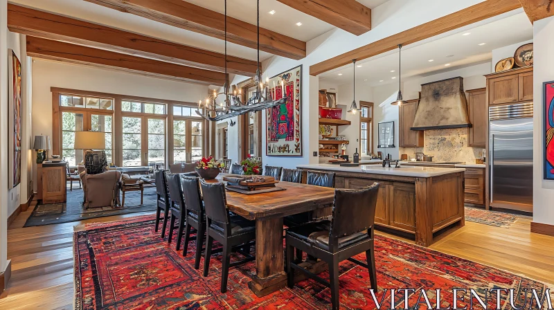 AI ART Rustic Dining Area with Red Rug