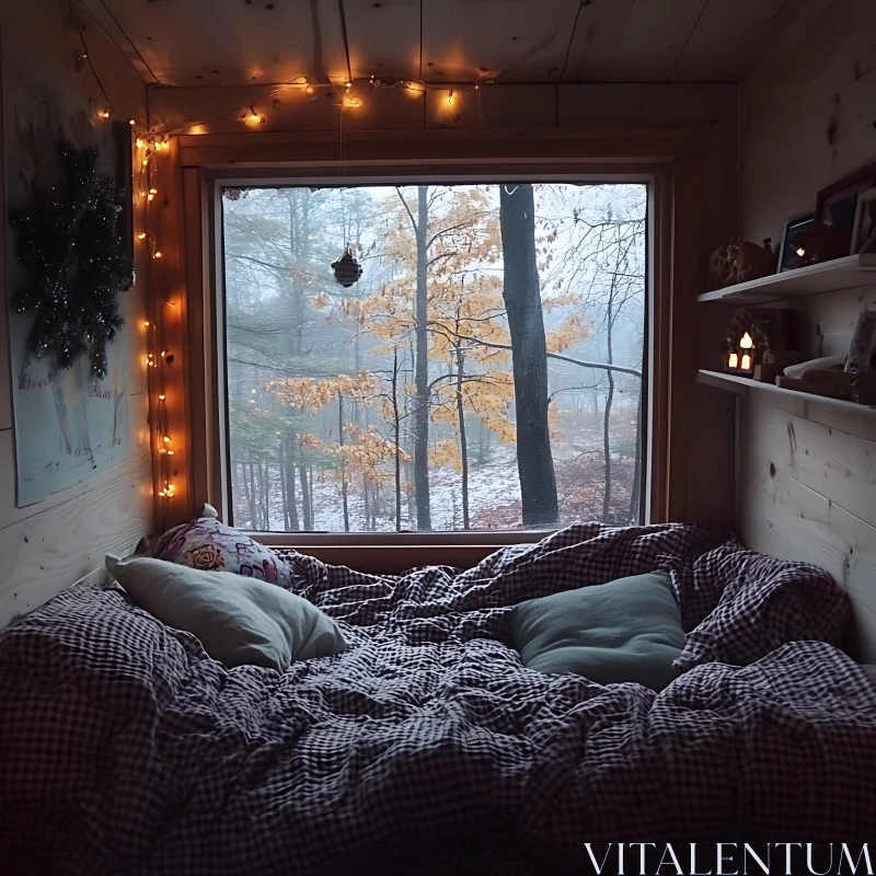 Winter Cabin Interior with Forest View AI Image