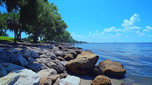 Tranquil Lakeside Scene with Rocky Shore