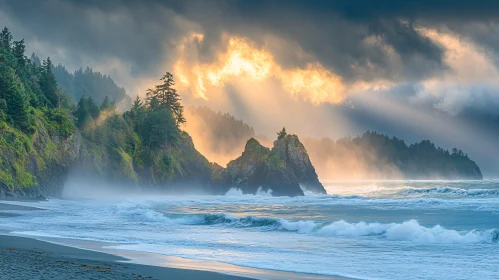 Sunlit Coastal Cliffs and Ocean Waves