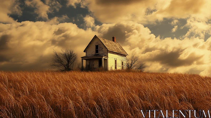 Rural House Landscape with Golden Field AI Image