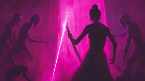 Pink Lit Battle: Woman and Shadows