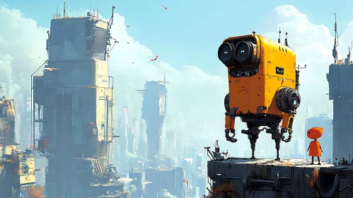 Orange Robot in Post-Apocalyptic City