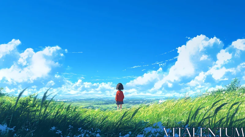 AI ART Child Gazing at Horizon in Grassy Field