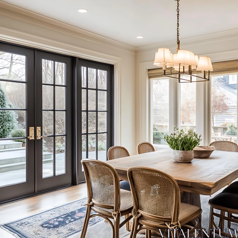 AI ART Sunlit Dining Area with Wooden Accents