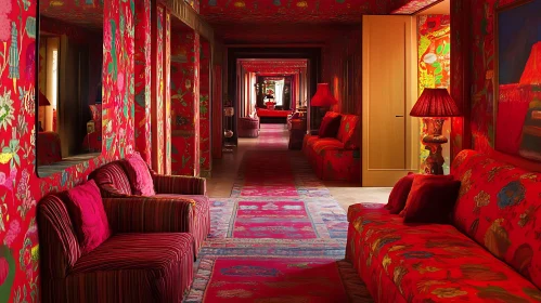 Red Hallway with Floral Pattern Sofas