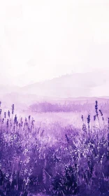 Watercolor Lavender Field with Mountain View