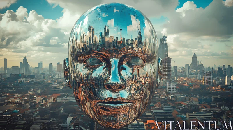 Colossal Chrome Face Reflecting Urban Skyline AI Image