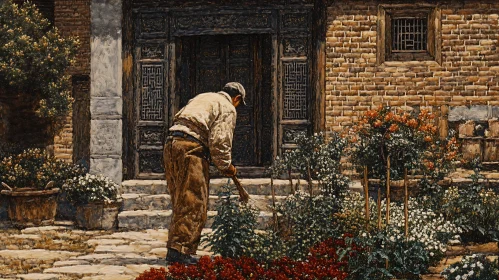 Man Gardening in Front of Old House