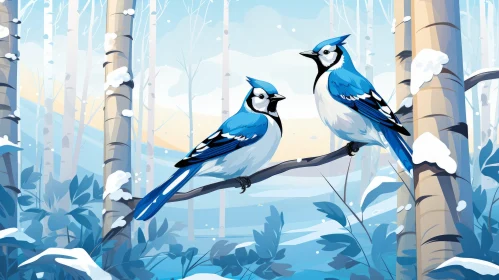 Blue Jays in Snow - Fairy Tale Style Illustration