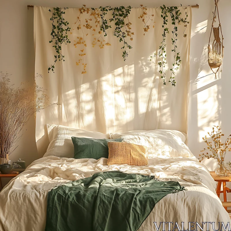 AI ART Sunlit Bedroom Interior with Green Accents