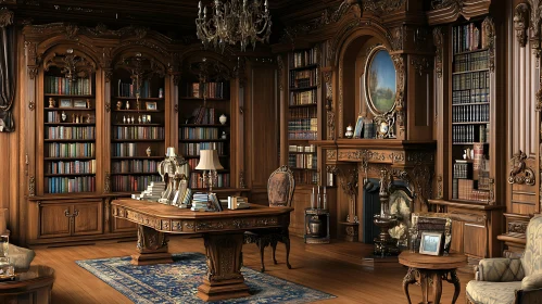 Ornate Wooden Library with Fireplace