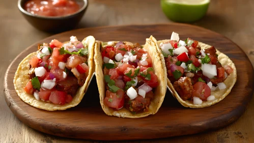 Delicious Mexican Tacos on Wooden Platter