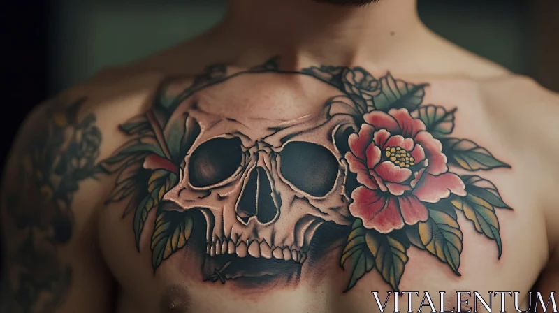 Skull with Roses Chest Ink Design AI Image