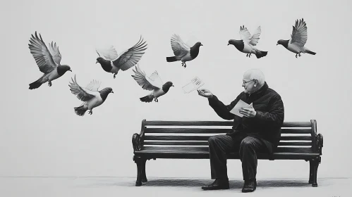 Monochrome Pigeons and Man Composition