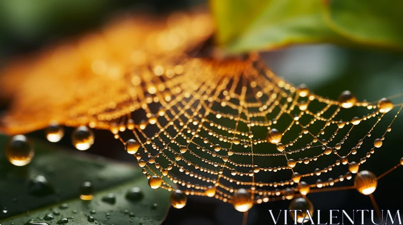 Golden Water-Droplet Covered Spider Web - Nature's Humble Charm AI Image