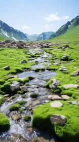 Serene Pastoral Scene: A Stream Flowing Through Majestic Mountains