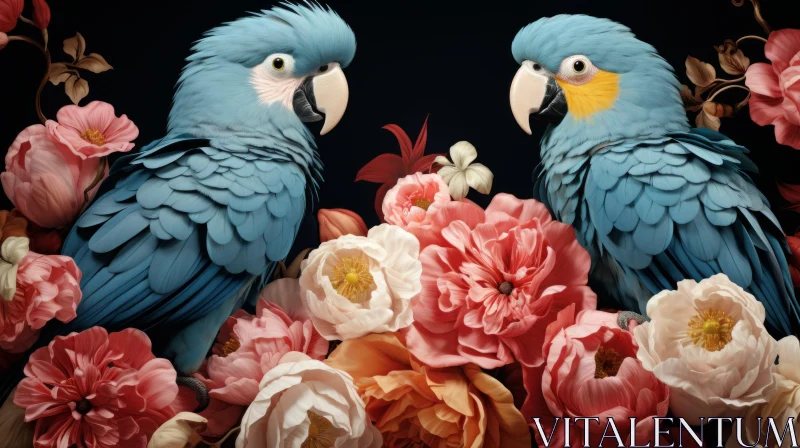Stunning Blue Parrots Posing with a Colorful Bouquet - Captured in Cinema4D AI Image