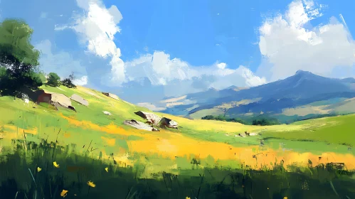 Green Field and Mountain View Art