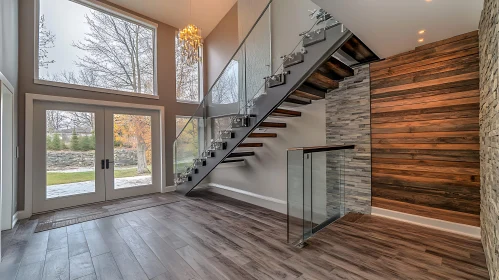 Contemporary Home Interior with Glass Stair Railings