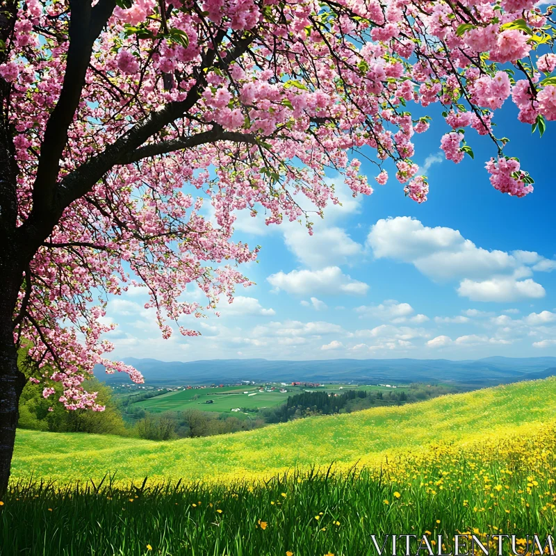 Spring Landscape with Pink Blossoms AI Image