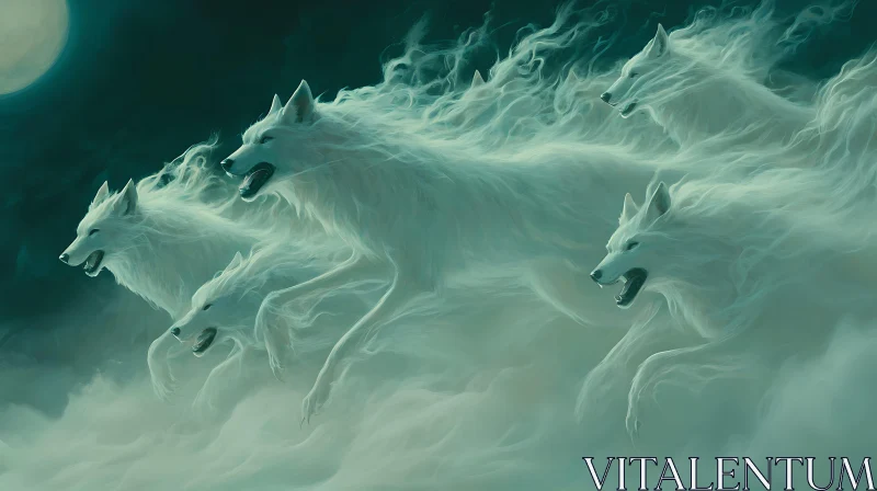 Ghostly Wolf Pack Emerging from Mist AI Image