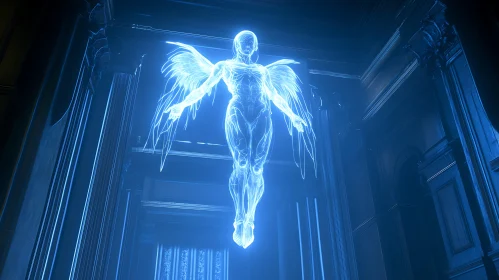 Glowing Angel Sculpture in Dark Room