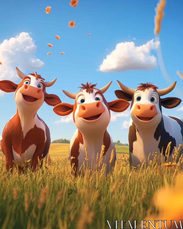 Cartoon Cows in Meadow AI Image