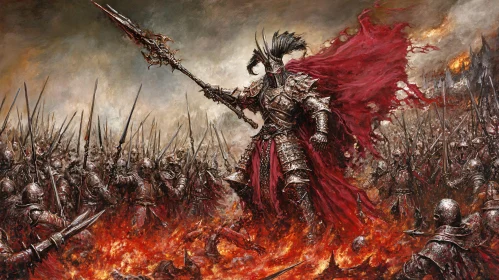 Armored Warrior in Fiery Battlefield