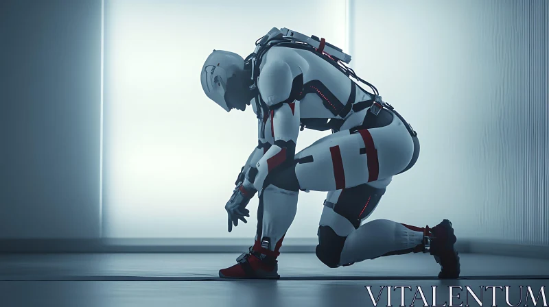 Advanced Cyborg Kneeling in Tech Space AI Image