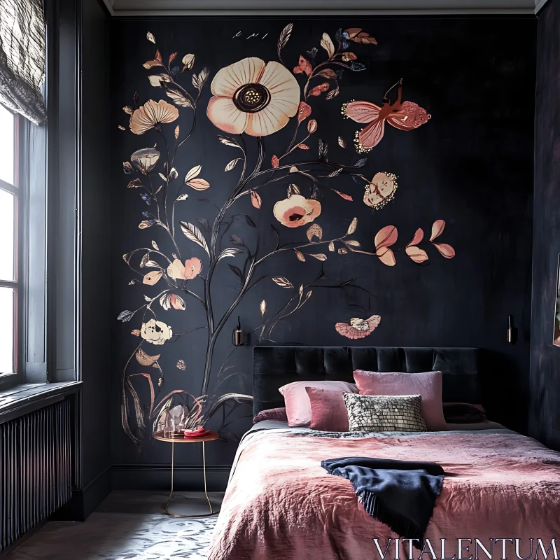 AI ART Dark Floral Bedroom Interior Design