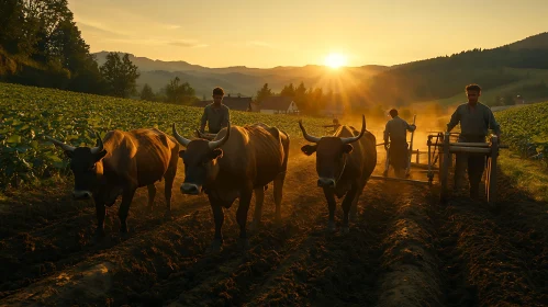 Cattle Plowing Field at Sunset