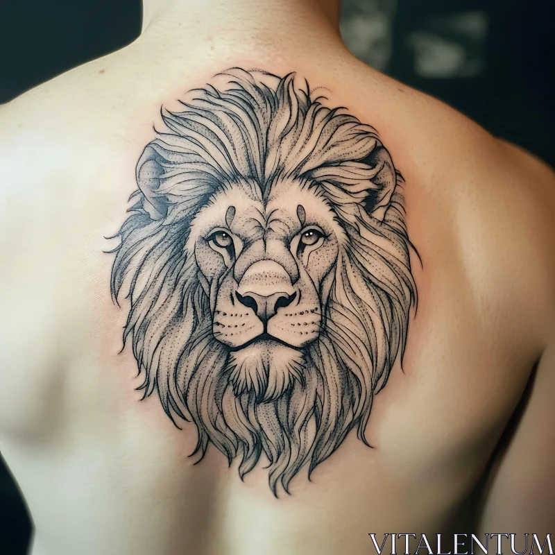 Detailed Lion Face Tattoo on Upper Back AI Image