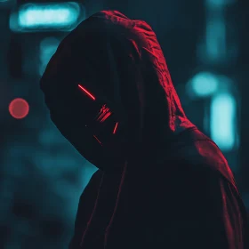 Hooded Figure with Red Neon Mask