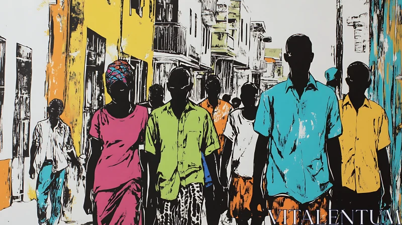 AI ART Urban Street Scene with People Silhouettes