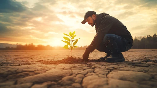 Man Planting Tree at Sunset