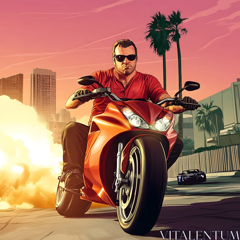 Urban Sunset Motorcycle Ride AI Image