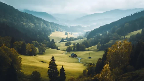 Idyllic Valley Landscape with Distant House