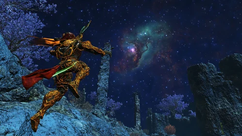 Armored Warrior Under Cosmic Skies