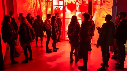 People Engaging with Modern Art in Red Lit Room