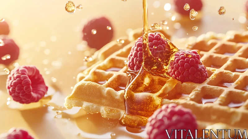 Sweet Waffles with Raspberries and Syrup Drizzle AI Image