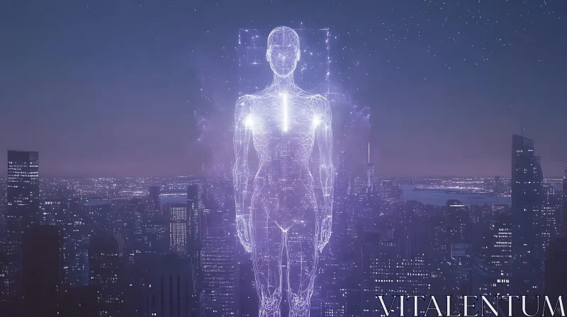 AI ART Glowing Humanoid Above Urban Landscape