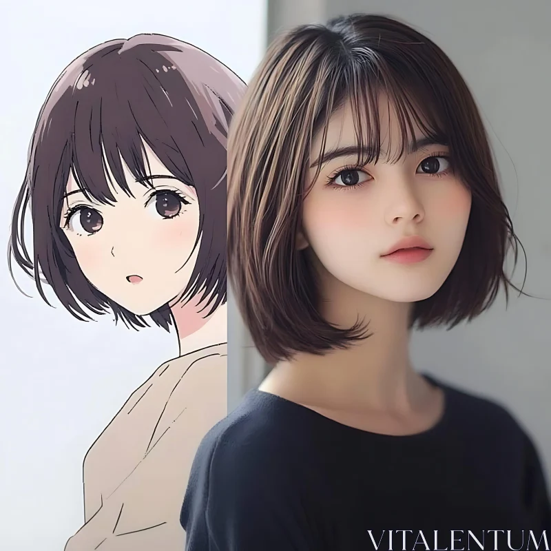 Dual Portrait: Anime and Realistic Woman AI Image